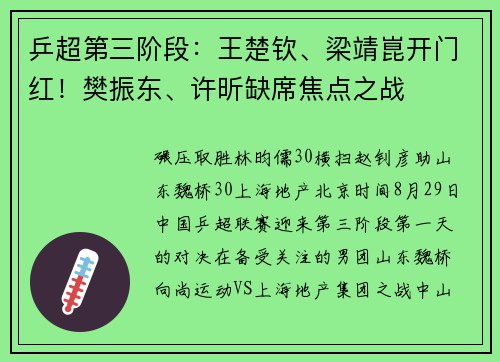 乒超第三阶段:王楚钦、梁靖崑开门红!樊振东、许昕缺席焦点之战 乒超第三阶段:王楚钦、梁靖崑开门红!樊振东、许昕缺席焦点之战