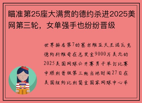 瞄准第25座大满贯的德约杀进2025美网第三轮,女单强手也纷纷晋级 瞄准第25座大满贯的德约杀进2025美网第三轮,女单强手也纷纷晋级